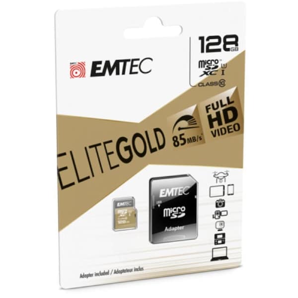 Emtec Micro SD Card SDxC UHS I Memory Card 128GB Class 10 With SD Adapter Gold