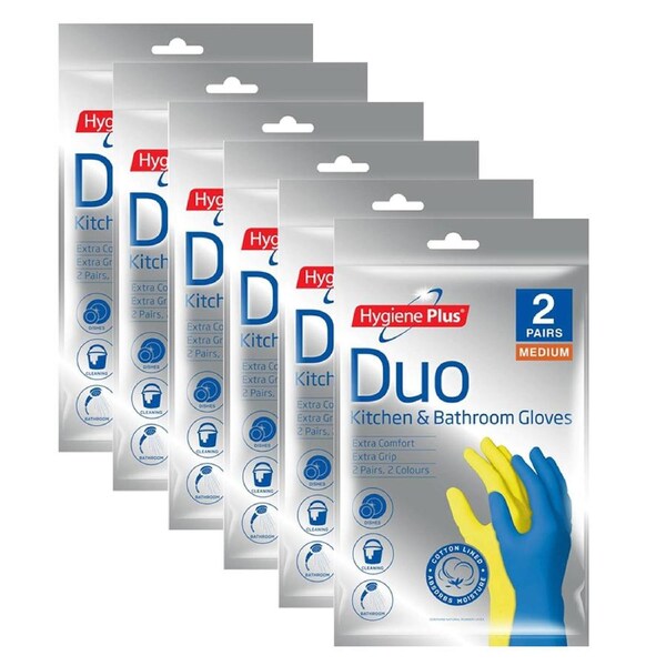 12x Pairs Hygiene Plus Duo Size M Kitchen/Bathroom Latex Cleaning Gloves Asstd