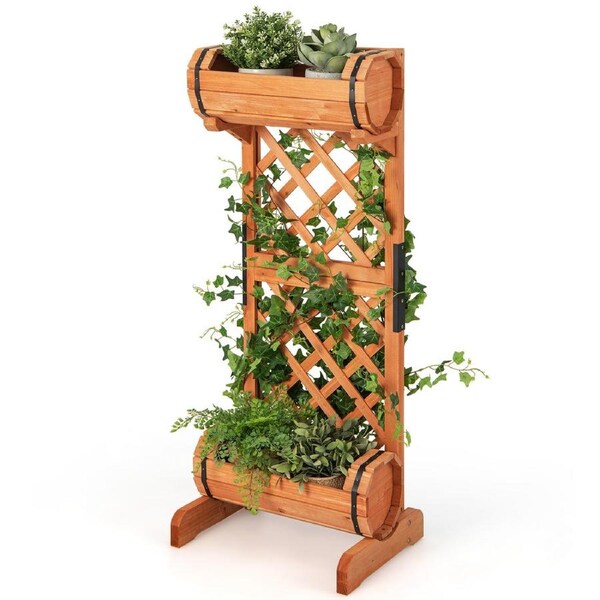Giantex 2-Tier Wooden Raised Planter Vertical Garden Bed Container w/2 Cylindrical Planter Boxes& Trellis