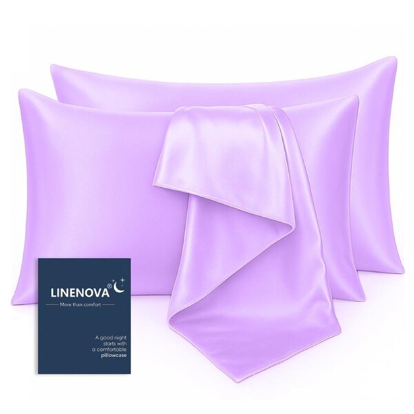 LINENOVA Silk Satin Pillowcases Twin Pack Standard Size 48 x 74 cm 12 Colours Lavender