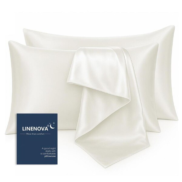 LINENOVA Silk Satin Pillowcases Twin Pack Standard Size 48 x 74 cm 12 Colours Beige