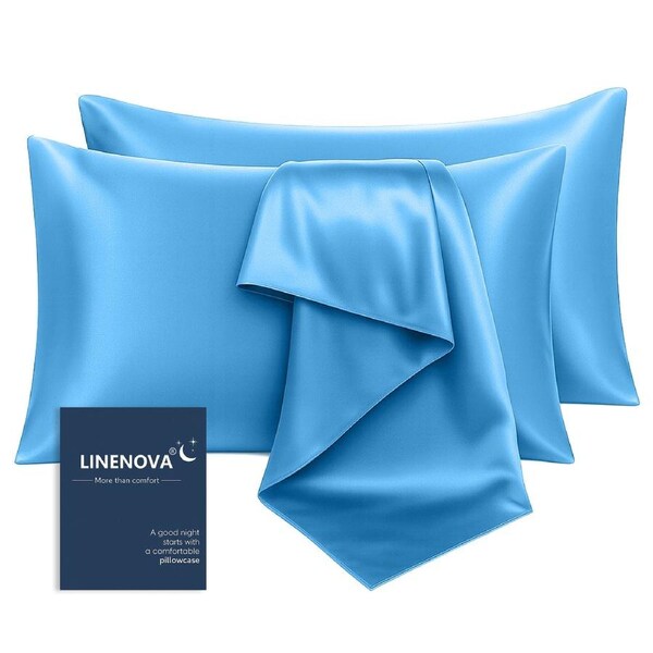 LINENOVA Silk Satin Pillowcases Twin Pack Standard Size 48 x 74 cm 12 Colours Light Blue