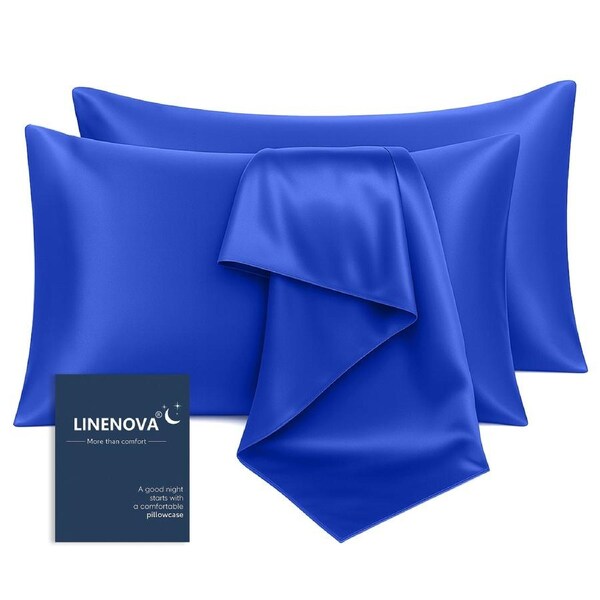 LINENOVA Silk Satin Pillowcases Twin Pack Standard Size 48 x 74 cm 12 Colours Royal Blue