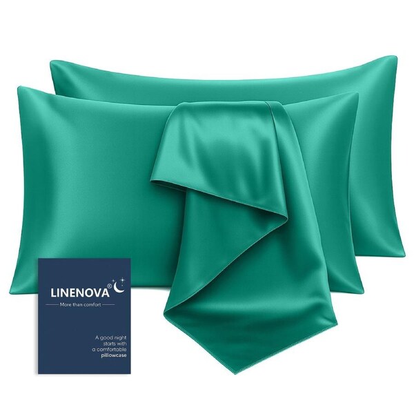 LINENOVA Silk Satin Pillowcases Twin Pack Standard Size 48 x 74 cm 12 Colours Dark Green
