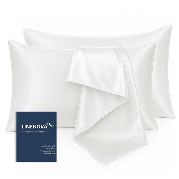 LINENOVA Silk Satin Pillowcases Twin Pack Standard Size 48 x 74 cm 12 Colours Pure White