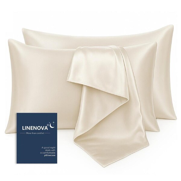 LINENOVA Silk Satin Pillowcases Twin Pack Standard Size 48 x 74 cm 12 Colours Ivory