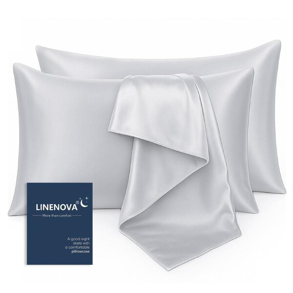 LINENOVA Silk Satin Pillowcases Twin Pack Standard Size 48 x 74 cm 12 Colours Silver Grey