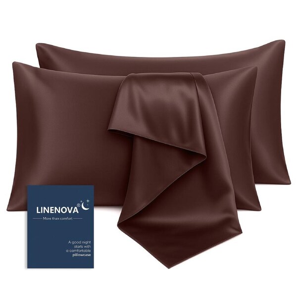 LINENOVA Silk Satin Pillowcases Twin Pack Standard Size 48 x 74 cm 12 Colours Chocolate