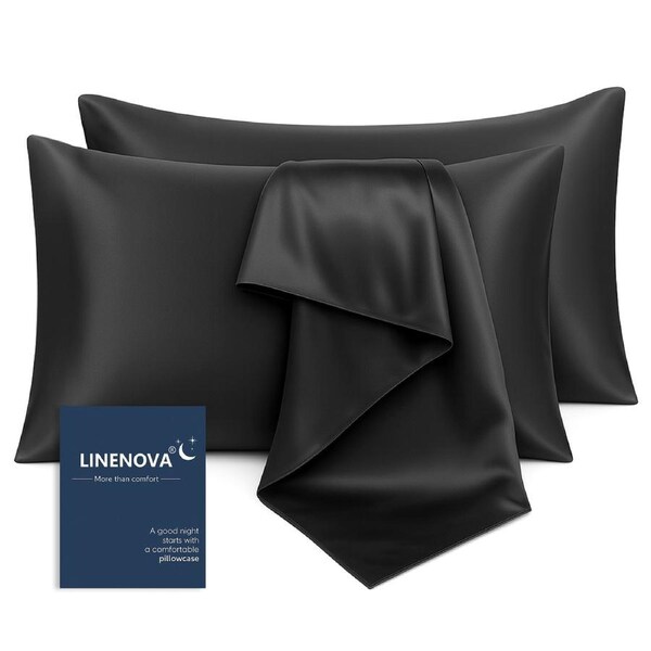 LINENOVA Silk Satin Pillowcases Twin Pack Standard Size 48 x 74 cm 12 Colours Black