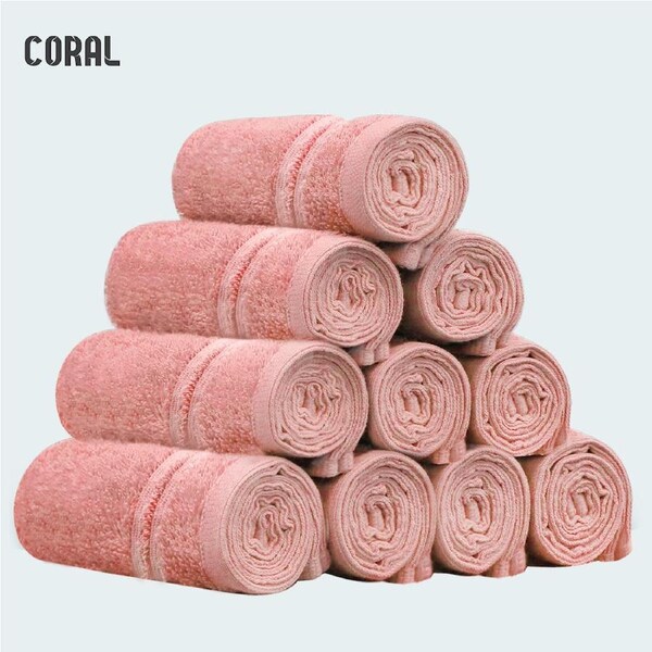 LINENOVA 100% Cotton Face Towels (10 Pack) 450GSM Face Washer Set - Great Value Ribbon Gift Pack Coral