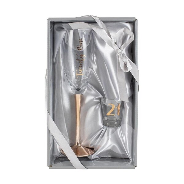 Twenty One Rose Gold Champagne Glass & Shot Glass Set Drinking Cups Gift Box Set