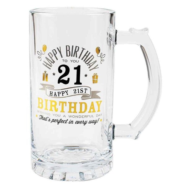 Tankard Beer Stein Glass Happy 21st Birthday To You Gold/Silver Foil Print 470ml