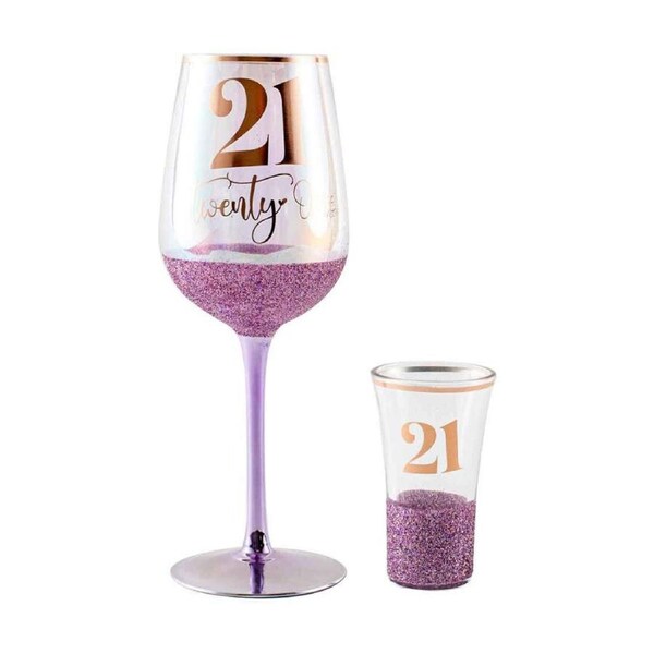 Purple Glitterati 21st Celebration/Birthday 430ml Wine/30ml Shot Drinking Glass