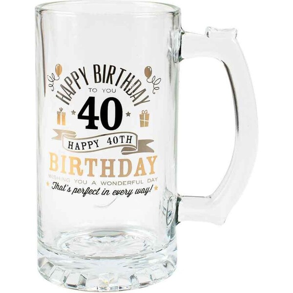Tankard Beer Stein Glass Happy 40th Birthday To You Gold/Silver Foil Print 470ml