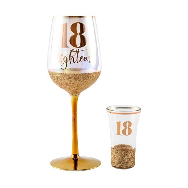 Glitterati 18th Celebration/Birthday 430ml Wine & 30ml Shot Drinking Glass Set
