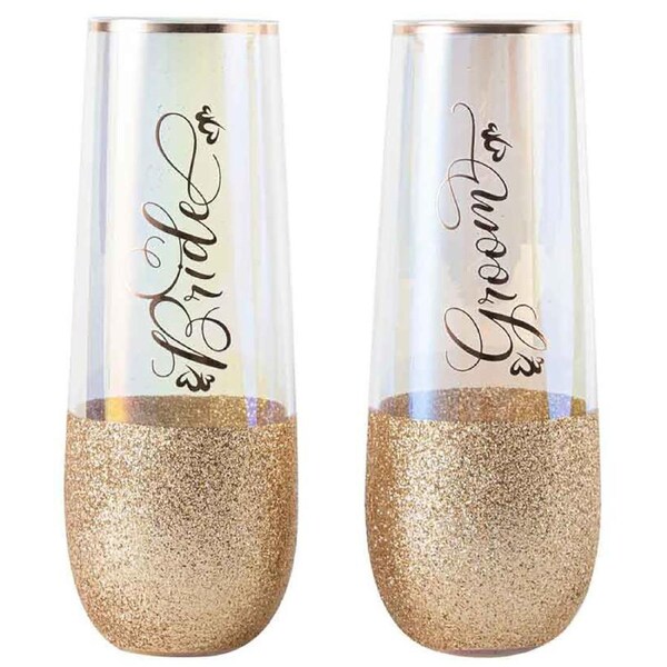 2pc Bride & Groom 180ml Stemless Wedding Champagne Flute Drinking Glasses 16cm
