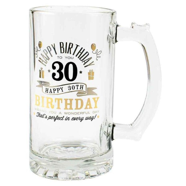 Tankard Beer Stein Glass Happy 30th Birthday To You Gold/Silver Foil Print 470ml