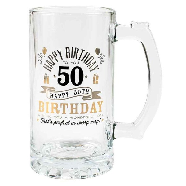 Tankard Beer Stein Glass Happy 50th Birthday To You Gold/Silver Foil Print 470ml