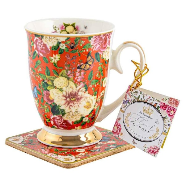 Floral Garden Red Flowers Decorative Ceramic Tea/Coffee Mug & Coaster Set 350ml