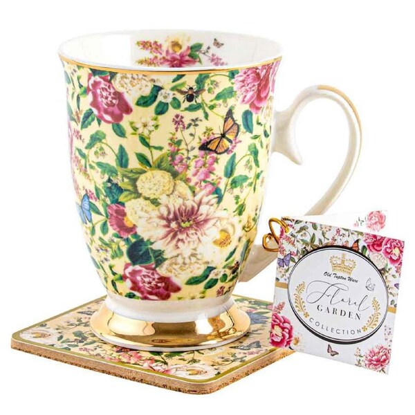 Floral Garden Cream Flowers Decorative Botanical Ceramic Mug & Coaster Set 360ml