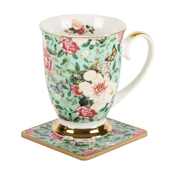 Floral Garden Mint Flowers Decorative Ceramic Tea/Coffee Mug & Coaster Set 350ml