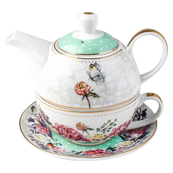 Roses & Butterflies Mint Floral Decorative Botanical Tea For One Teapot 350ml
