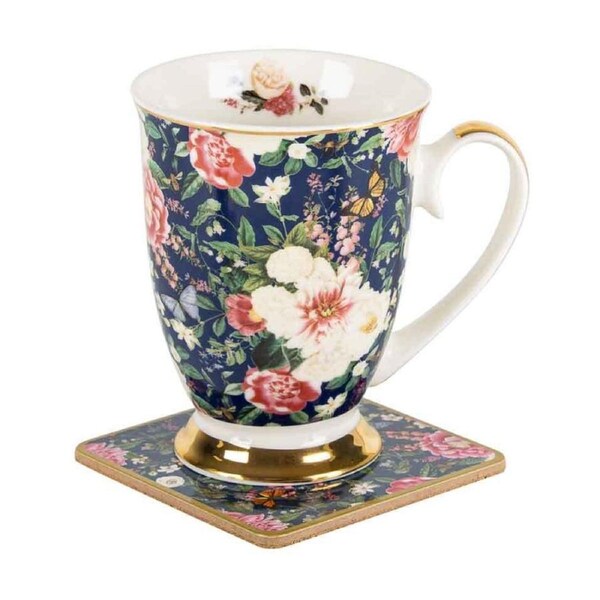 Floral Garden Navy Decorative Botanical Flower Ceramic Mug & Coaster Set 360ml