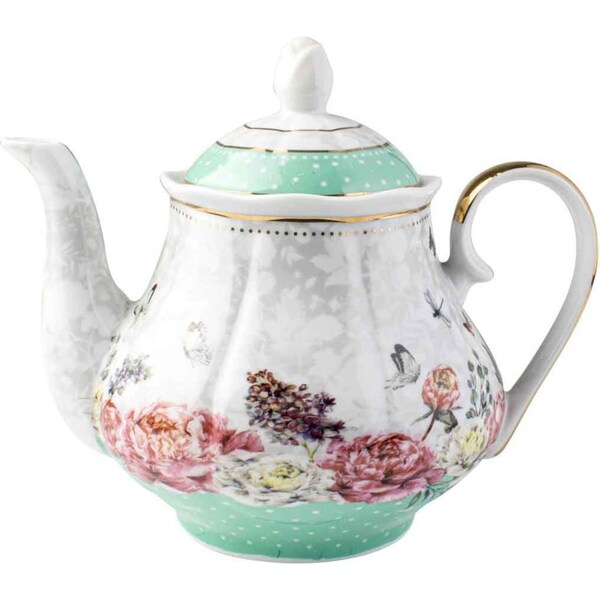 Roses & Butterflies Mint Floral Decorative Botanical Tea/Coffee Teapot 1200ml