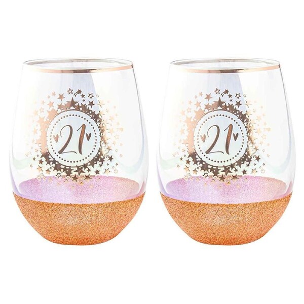 2PK Birthday 21st Glitter Stemless Wine Glass Rose Gold 600ml Drinking Tumbler