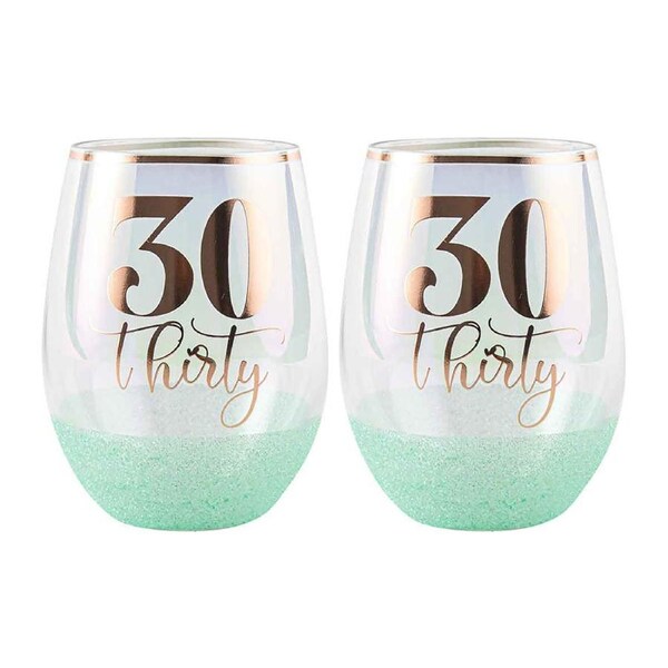 2PK Glitter 30th Celebration Stemless Wine Drinking Glass Green 600ml Tumbler