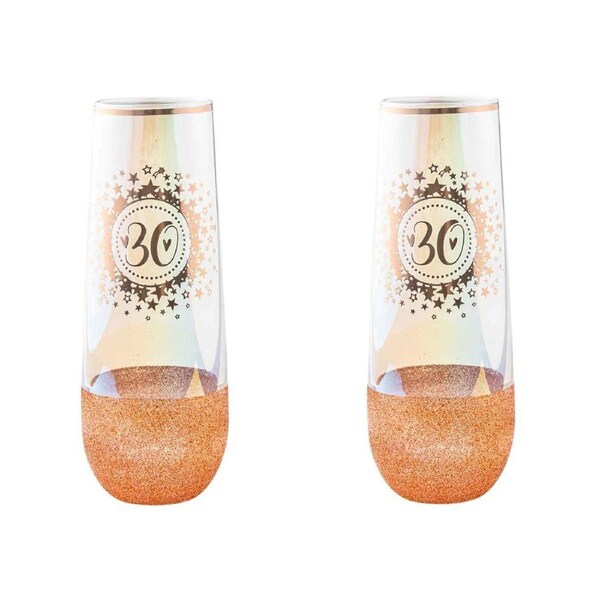 2PK Rose Gold Glitter 30th Birthday Stemless Champagne Flute Drink Glass 180ml
