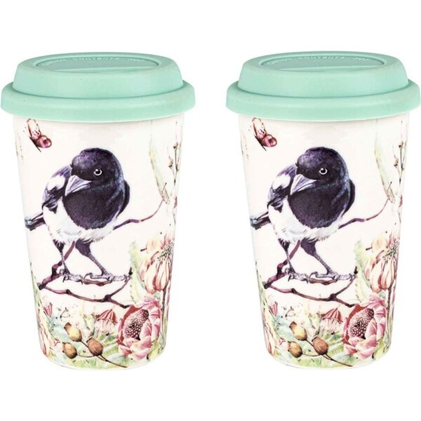 2PK Flora & Fauna Magpie 290ml Travel Mug Double Walled New Bone China Drink Cup