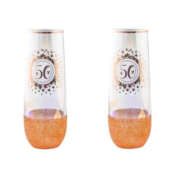 2PK Rose Gold Glitter 50th Birthday Stemless Champagne Flute Drink Glass 180ml