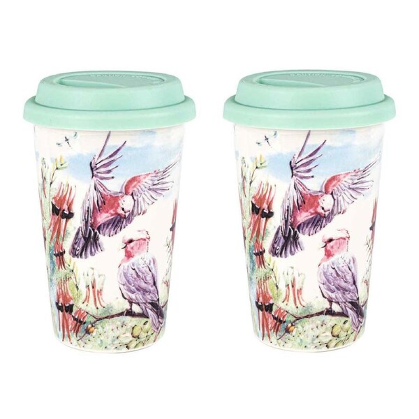 2PK Flora & Fauna Galah 290ml Travel Mug Double Walled New Bone China Drink Cup
