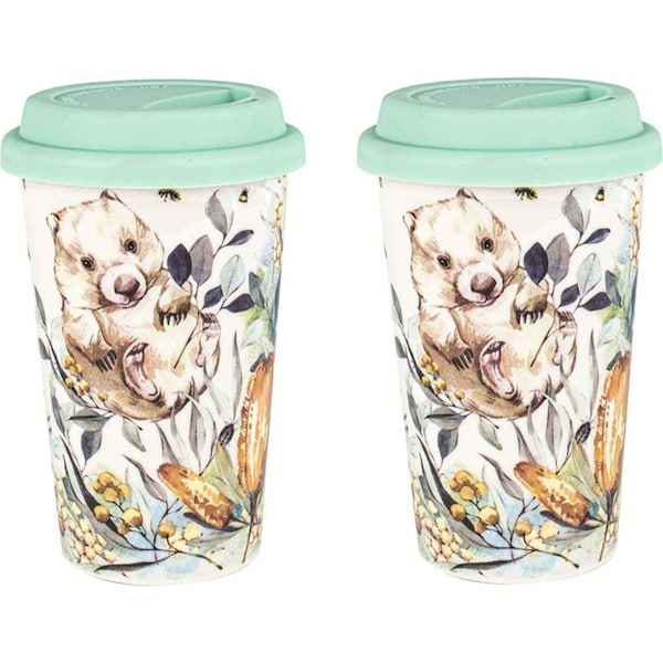 2PK Flora & Fauna Wombat 290ml Travel Mug Double Walled New Bone China Drink Cup