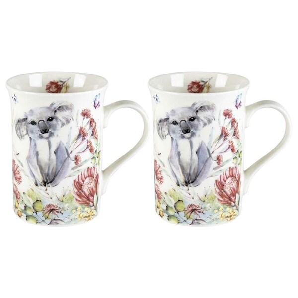 2PK Flora & Fauna Koala 360ml Native Wildlife Ceramic Floral Decorated Gift Mug
