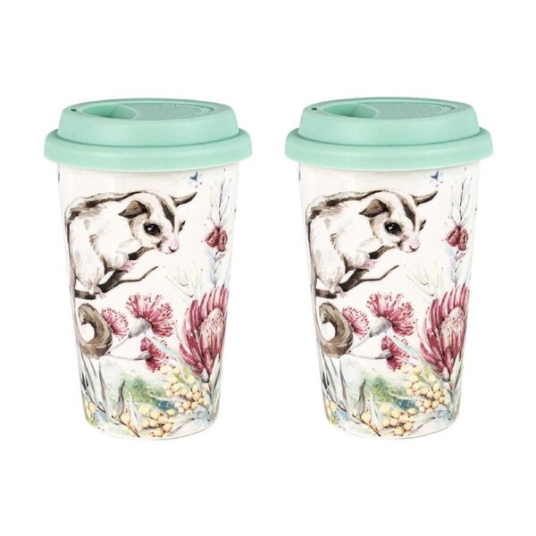 2PK Flora & Fauna Possum 290ml Travel Mug Double Walled New Bone China Drink Cup