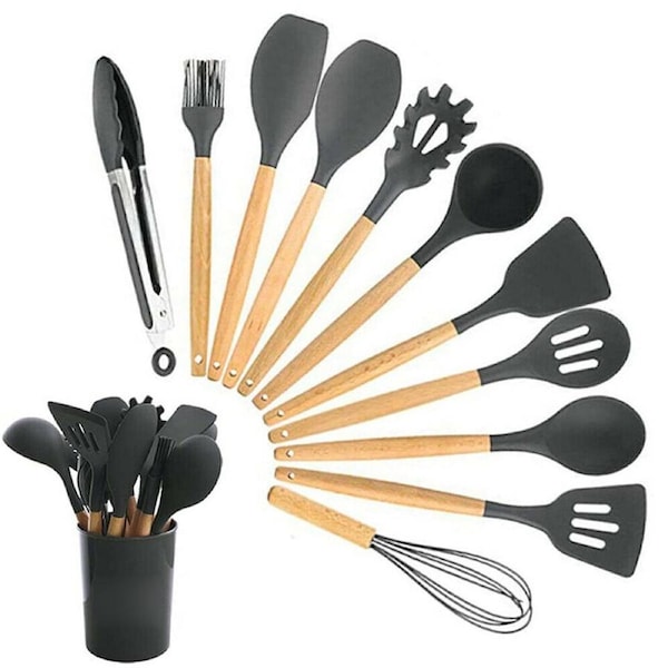 12PCS Set Silicone Utensils Wooden Cooking Kitchen Baking Cookware