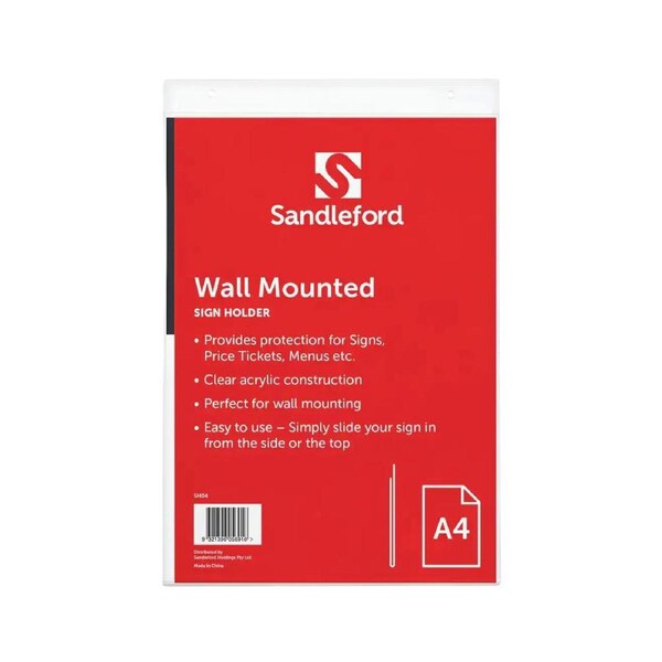 Sandleford A4 Wall-Mounted Sign Holder Clear Portrait 21.3cm x 4cm x 32.3cm