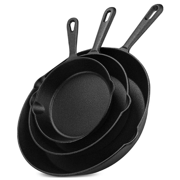 3-Piece Pre-Seasoned Large Cast Iron Skillet Fry Pan Set Perfect for Frying, BBQ, Camping. Oven safe