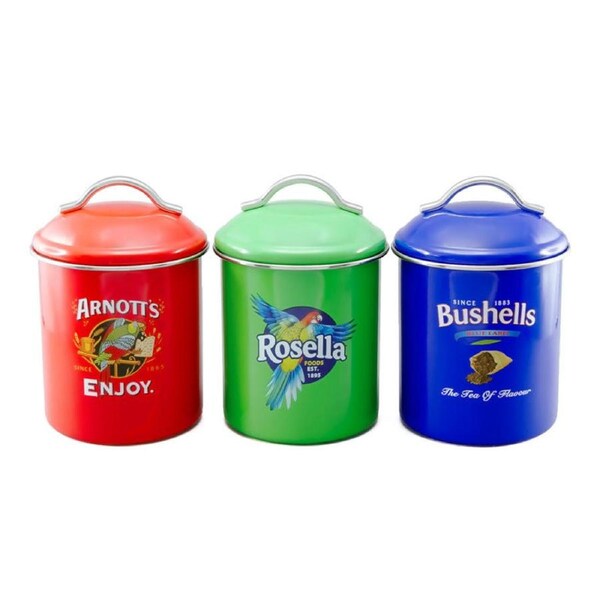 Farmhouse Metal Enamel Retro Kitchen Canisters Arnotts Rosella Bushells Set of 3