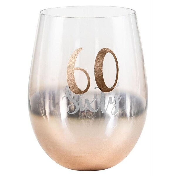 Rose Gold Stemless 60th Birthday Wine Glass
