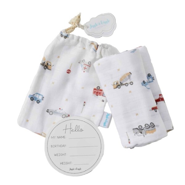 2pc Jiggle & Giggle Transport Baby Cotton Muslin Wrap & Arrival Card w/ Bag