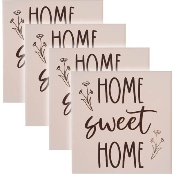 4pc Rayell Ceramic Printed Coaster Home Sweet Home Beige Drink Glass Holder Set