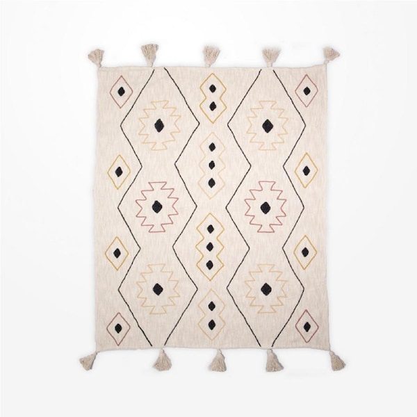 DWBH Handwoven Cotton Slub Warm Throw Blanket Dori Embroidery 150x125cm Tarek