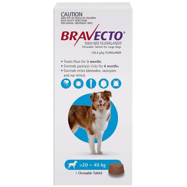 Bravecto Dog 3 Month Chew Tick & Flea Treatment for 20-40kg Large Blue