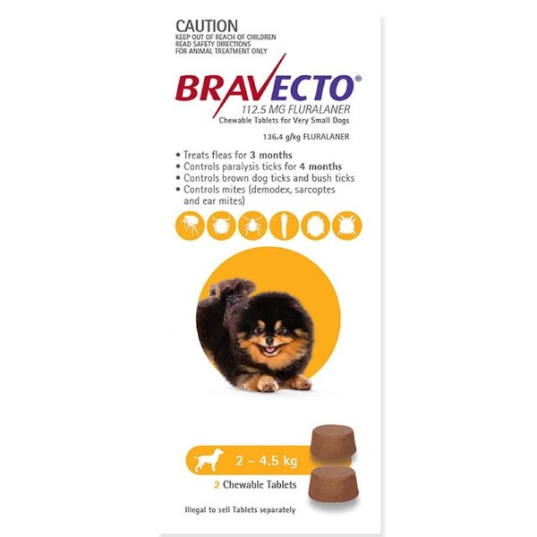 Bravecto Dog 6 Month Chew Tick & Flea Treatment 2-4.5kg Extra Small Yellow