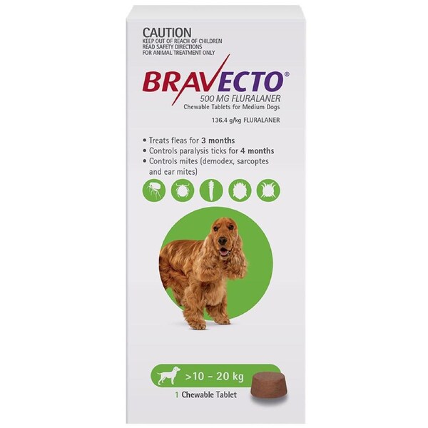 Bravecto Dog 3 Month Chew Tick & Flea Treatment for 10-20kg Medium Green