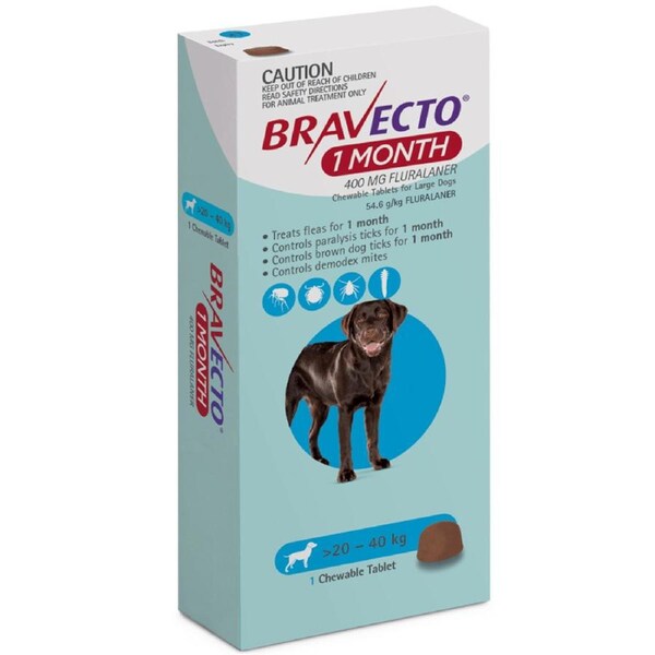 Bravecto Dog 1 Month Chew Tick & Flea Treatment 20-40kg Large Blue