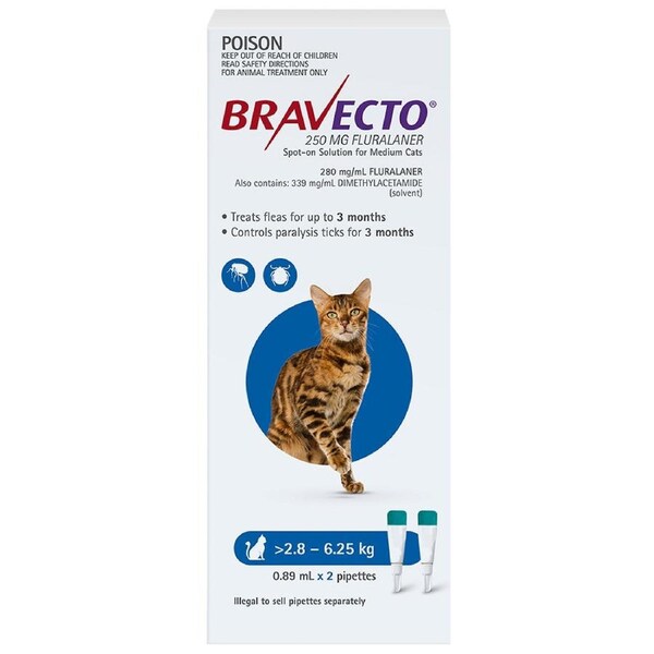 Bravecto Cat 3 Month Spot On Tick & Flea Treatment 2.8-6.25kg Medium Blue 2 Pack